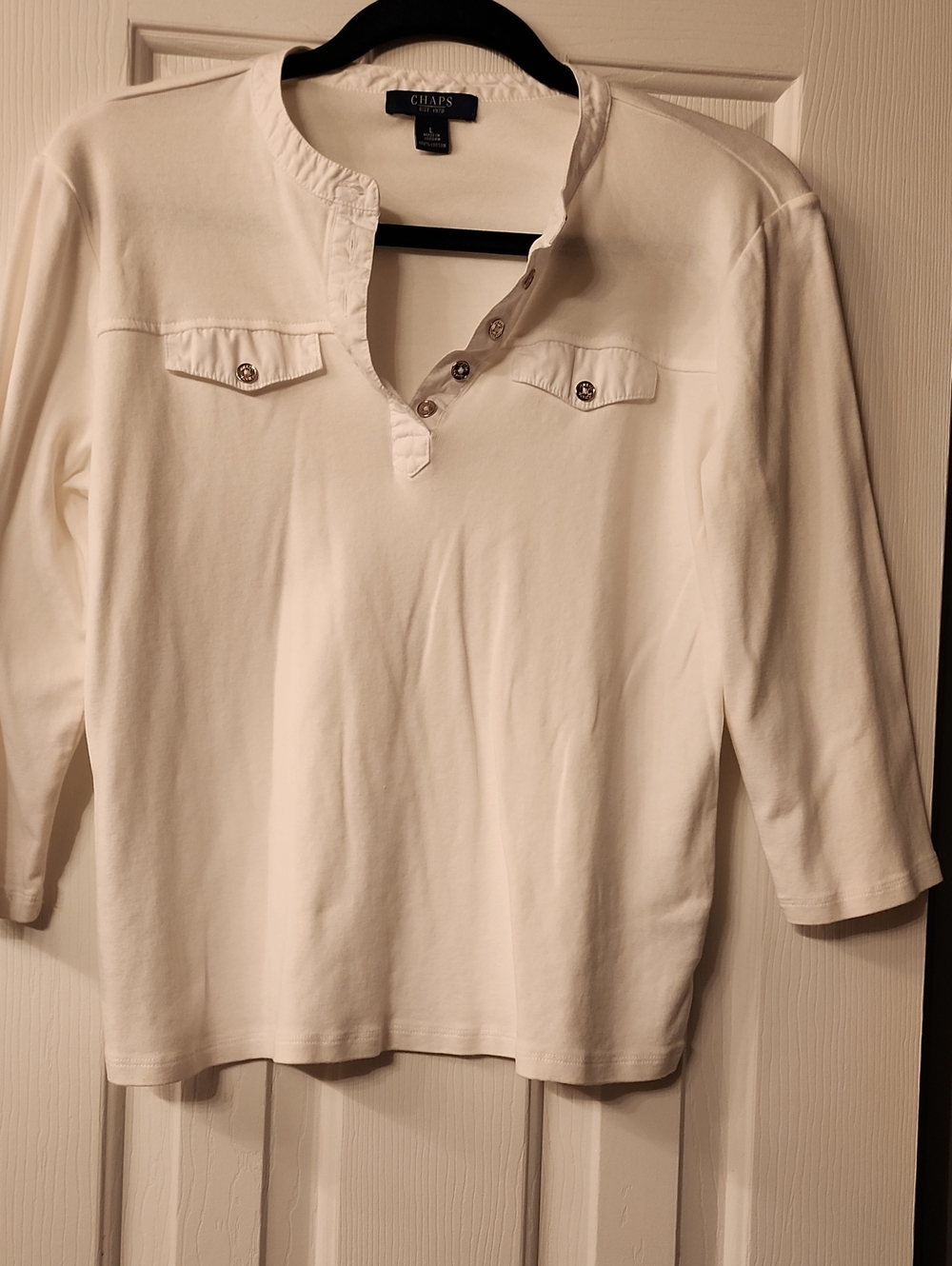 Chaps White Henley-Style 3/4 Sleeve Top